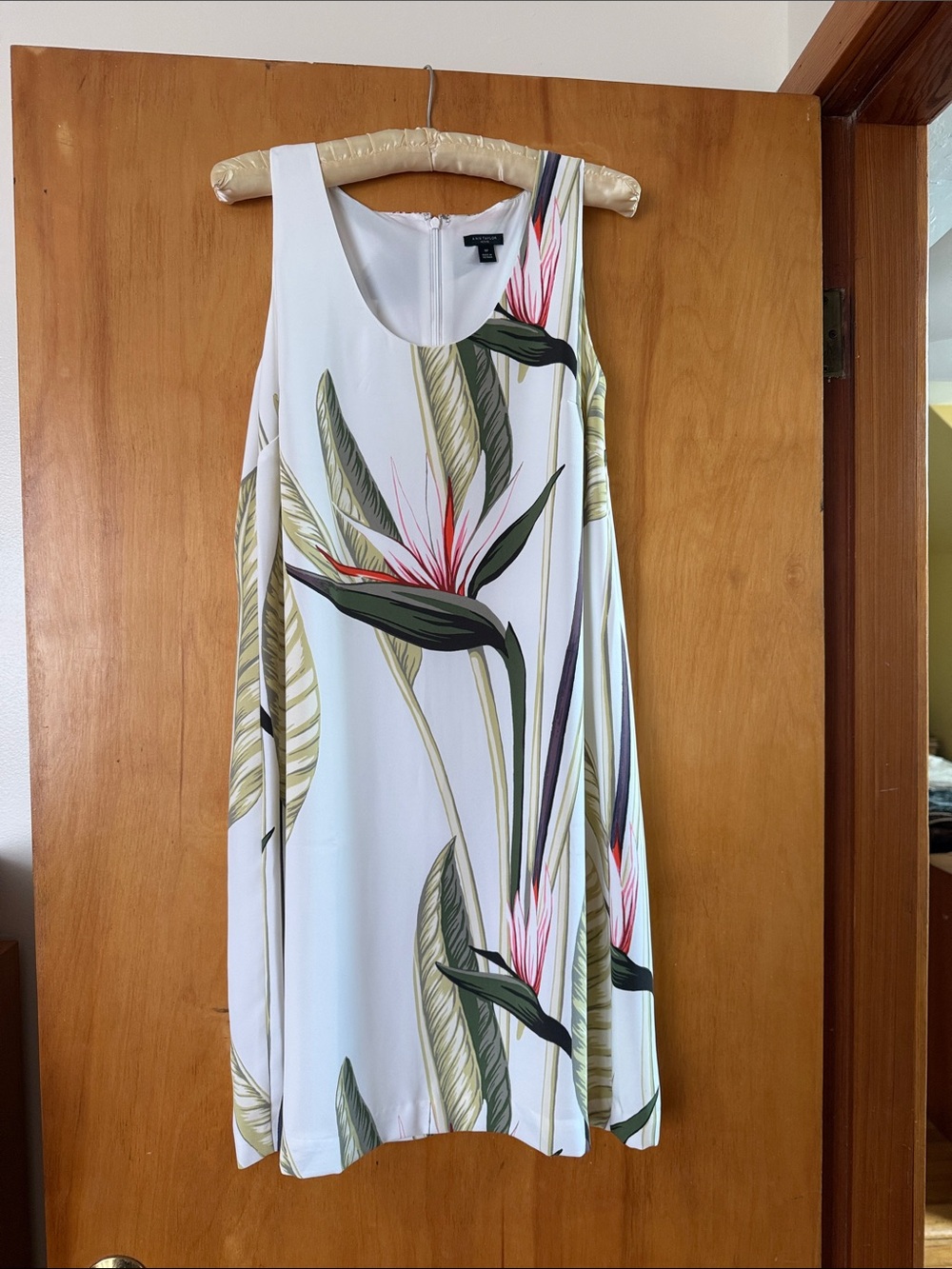 White Lined Dress with Tropical Print, never worn